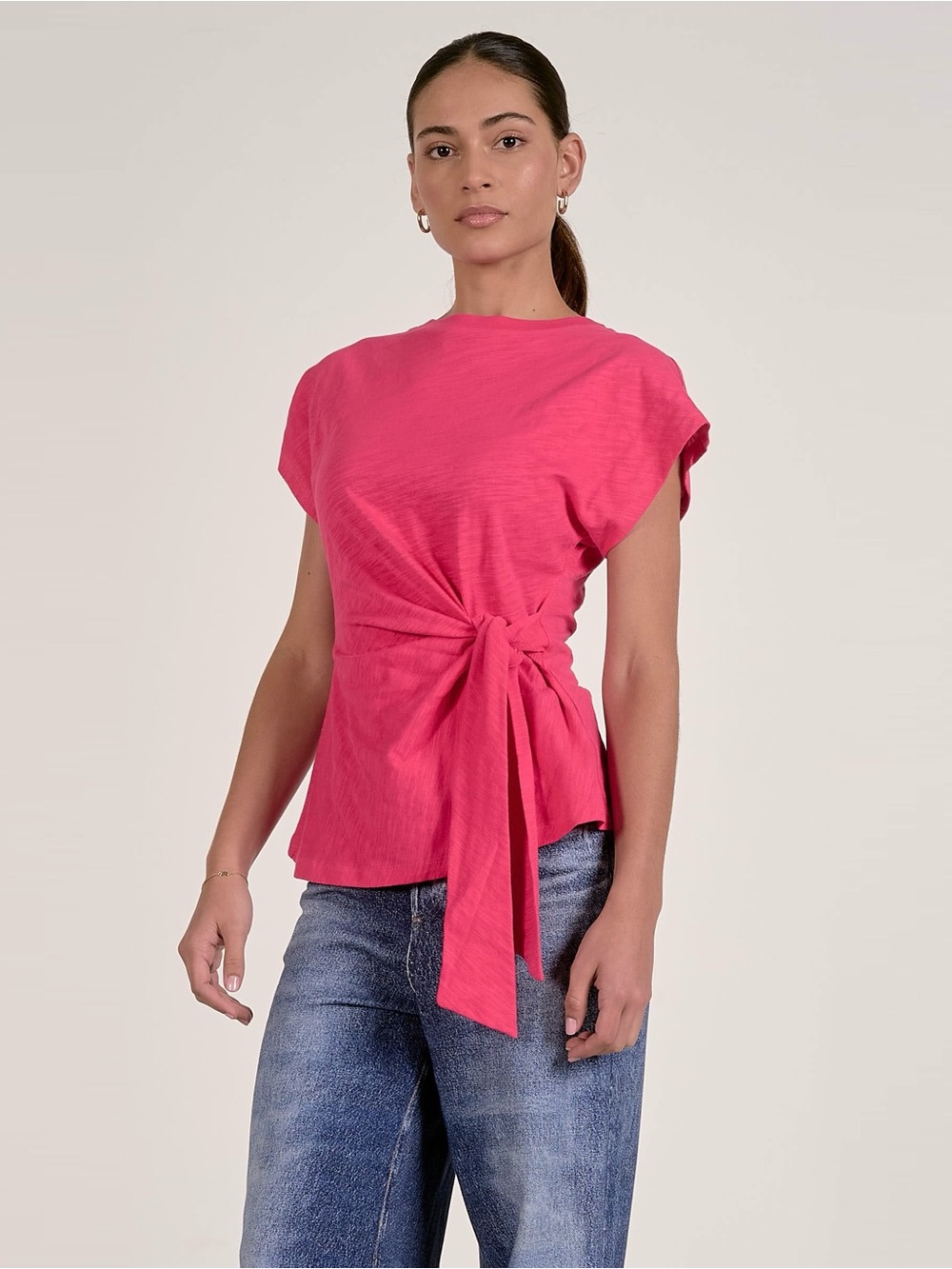NWT Elan Hot Pink 100% Cotton Side-Tie Short Sleeve Top Size XL